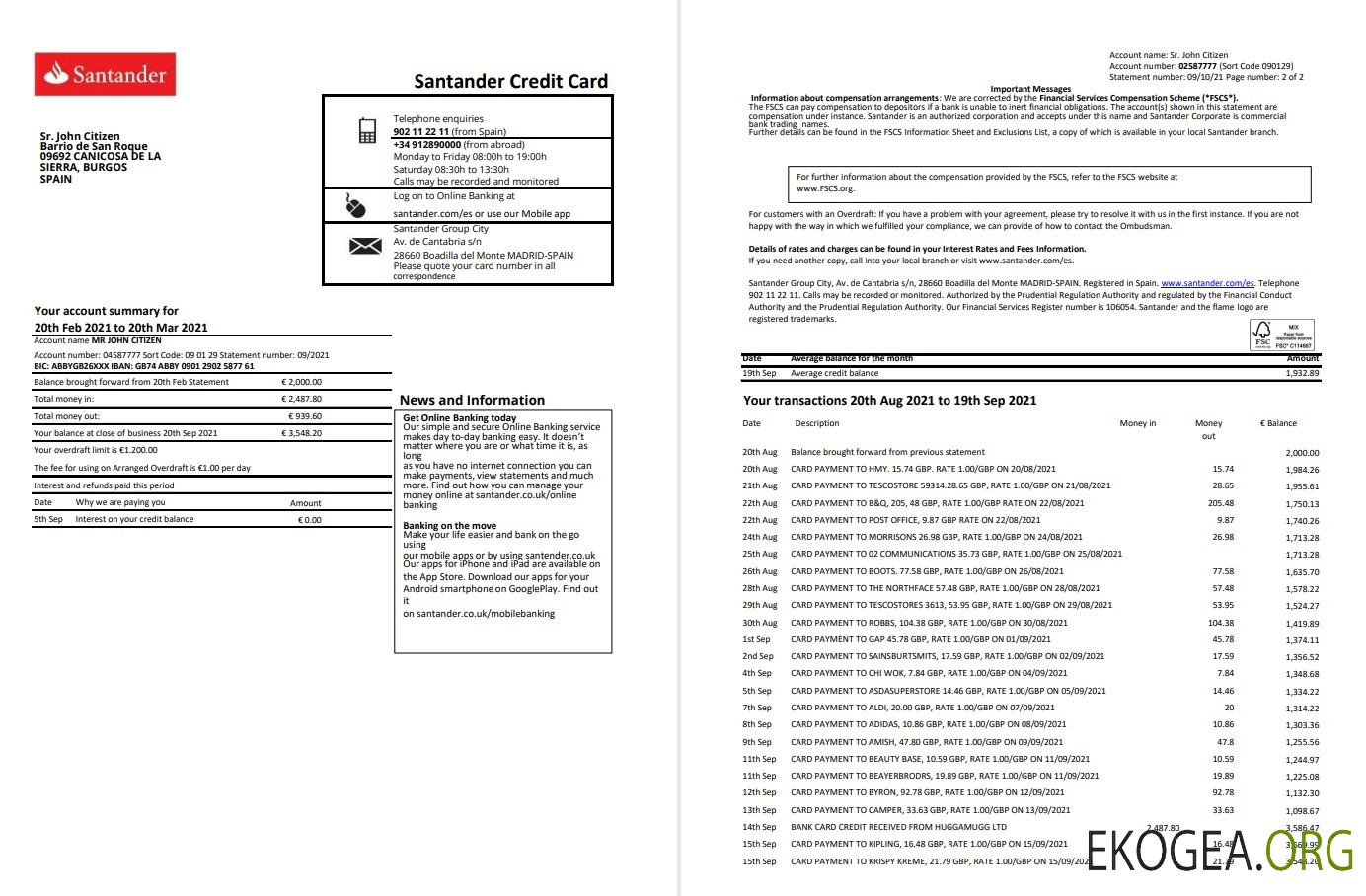 Espagne Santander 2 pages excel pdf